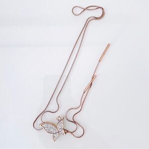 Rose gold crystal pave and mother of pearl butterfly chain lariat necklace